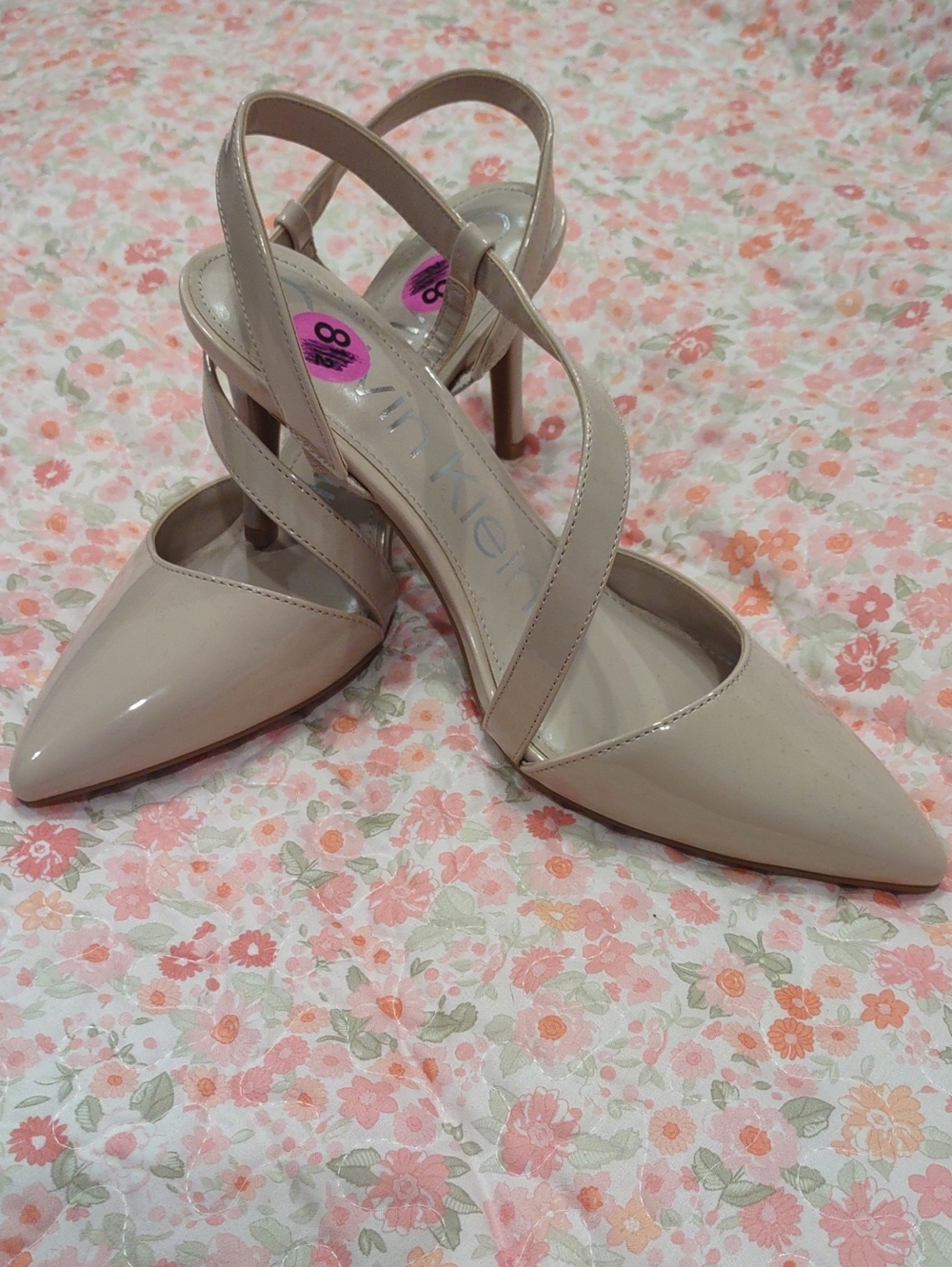 Calvin Klein Beige Patent Pointed-Toe Slingback Heels